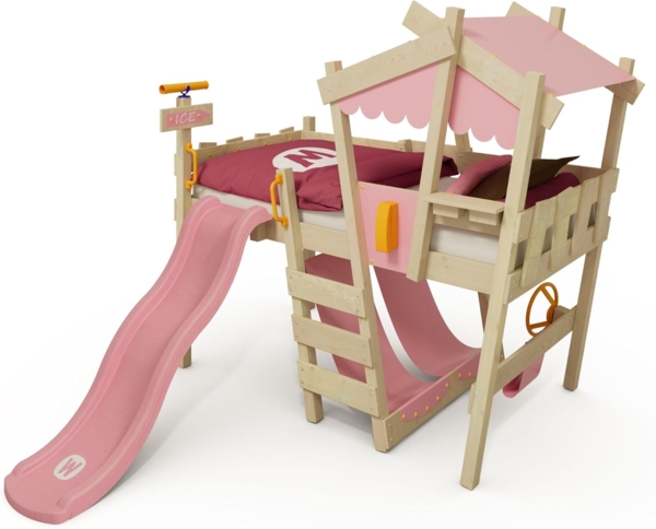 Wickey Kinderbett CrAzY Snuggy Massivholz-Hochbett mit Leiter, Lenker & Rutsche (opt) (Spielbett mit optionaler 175 cm Rutsche für maximalen Spielspaß, Abenteuer-Etagenbett mit Zubehör – auf Wunsch mit Rutsche), Massivholz-Konstruktion für Sicherheit u...