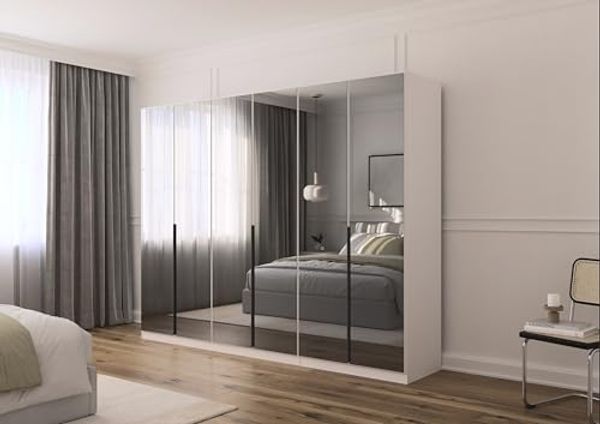 Rauch Möbel Skyla, Kleiderschrank für Schlafzimmer, Kinderzimmer, Jugendzimmer, Garderobe, Flur, 6-türig mit Grauspiegel, Griffstangen Grau metallic, Schwarz, Farbe Weiß, Maße 271 x 210 x 54 cm