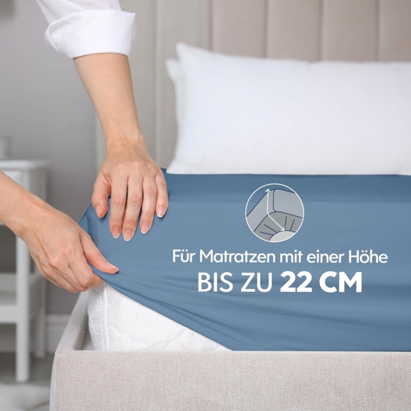 Dreamzie Premium Spannbettlaken 100x200 cm, Spannbetttuch für Dicke Matratzen bis zu 22 cm, Bettlaken 100% Jersey Baumwolle, 150 g/m², Oeko-TEX Zertifiziert - Blau Bild 3