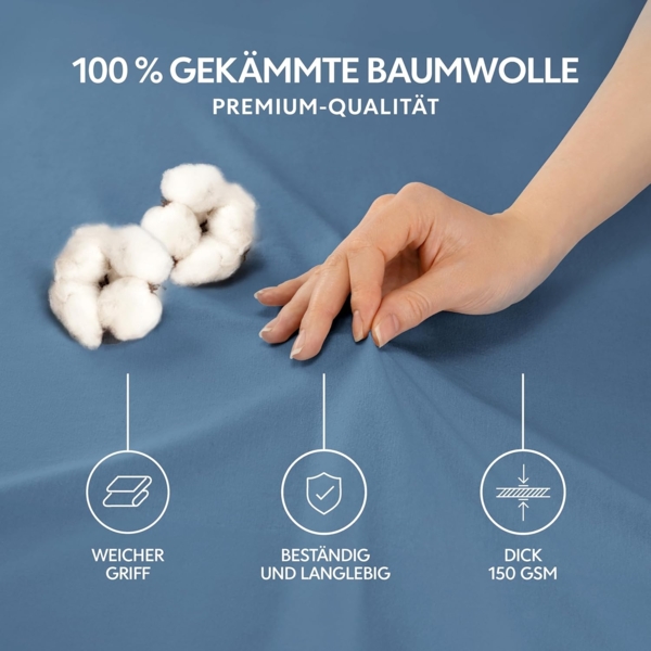 Dreamzie Premium Spannbettlaken 100x200 cm, Spannbetttuch für Dicke Matratzen bis zu 22 cm, Bettlaken 100% Jersey Baumwolle, 150 g/m², Oeko-TEX Zertifiziert - Blau Bild 2
