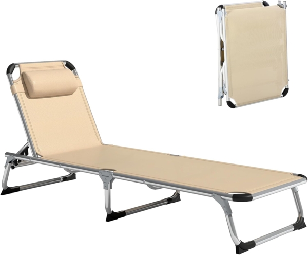 Outsunny Sonnenliege Gartenliege Alu Stoffliege Relaxliege 5-Fach verstellbar faltbar ergonomisch Netzstoff Beige 165 x 60 x 76 cm