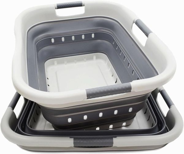 SAMMART Wäschekorb aus Kunststoff, zusammenklappbar, mit 3 Griffen, faltbar, faltbar, faltbar, tragbar, platzsparend, 2 Stück Grey, Dark Grey