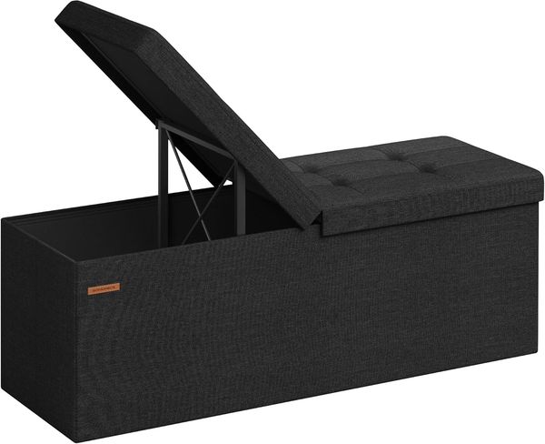 Songmics Sitzbank mit Stauraum, klappbare Sitztruhe, Aufbewahrungsbox, 38 x 110 x 38 cm, Deckel klappbar, bis 300 kg belastbar, für Flur, Wohnzimmer, Schlafzimmer, tintenschwarz LSF076B01