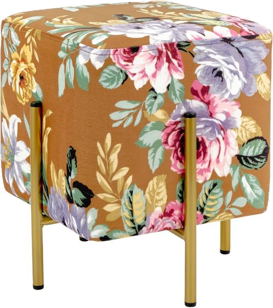 Baroni Home Quadratischer Samt-Fußhocker, gepolsterter Wohnzimmer-Pouf, Pouf-Bank für das Schlafzimmer, Blumenbasis Cognac, 33 x 33 x 38 cm