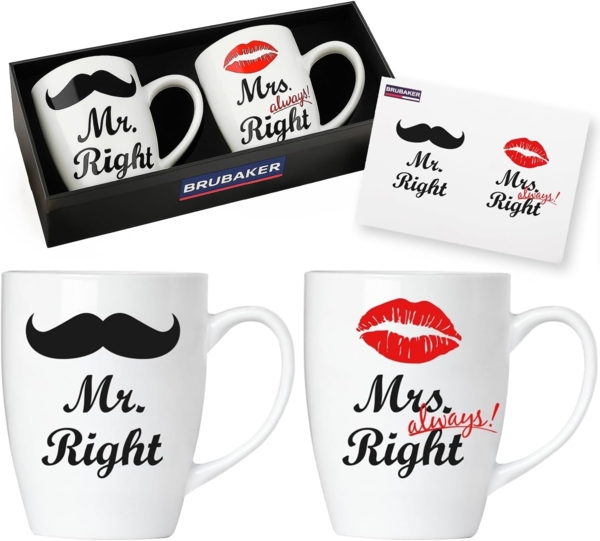 Mr. Right & Mrs. Always Right Tassen aus Keramik - Grußkarte und Geschenkpackung