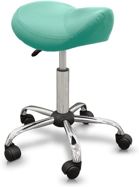QUIRUMED Pony-Hocker, ergonomisch, mit Stahlgestell, grüne Farbe, Kunstlederpolsterung, höhenverstellbar, gepolsterter Sitz, drehbare Räder, bis 150 kg