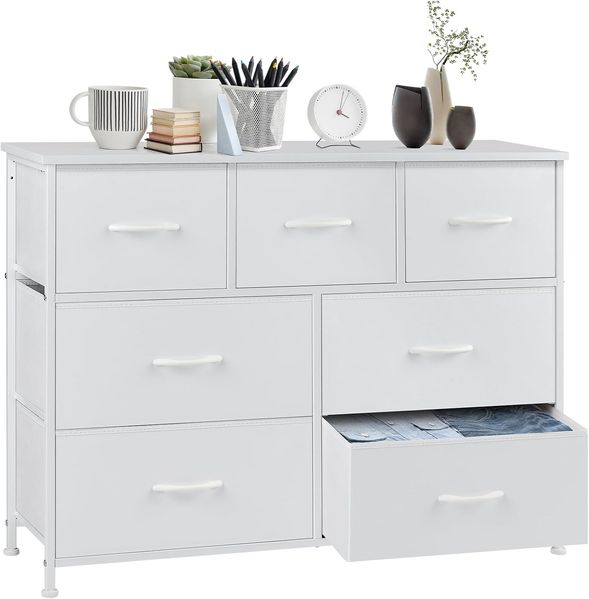 Sweetcrispy Kommode für Schlafzimmer, breite Schublade Kommode, 7 Stoffschubladen mit Griffen, Schrank, TV Stand für Schlafzimmer, Schrank, Wohnzimmer, Kinderzimmer