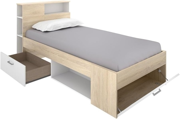 Vente-unique - Bett mit Kopfteil, Stauraum & Schublade - 90 x 190 cm - Weiß & Naturfarben - LEANDRE Bild 6