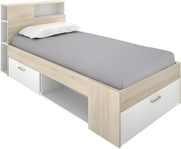 Vente-unique - Bett mit Kopfteil, Stauraum & Schublade - 90 x 190 cm - Weiß & Naturfarben - LEANDRE Bild 4