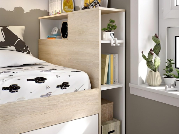 Vente-unique - Bett mit Kopfteil, Stauraum & Schublade - 90 x 190 cm - Weiß & Naturfarben - LEANDRE Bild 8