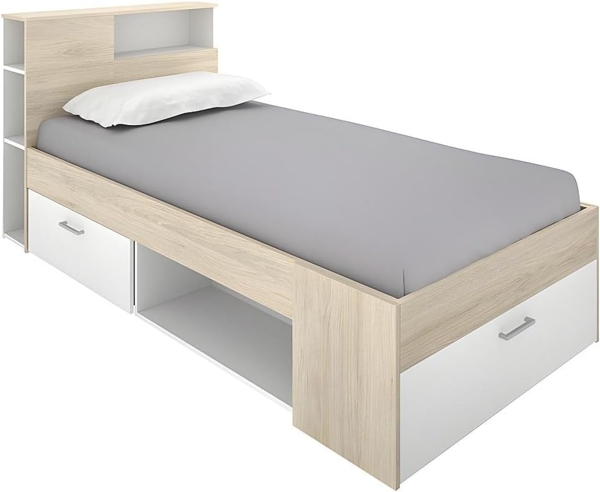 Vente-unique - Bett mit Kopfteil, Stauraum & Schublade - 90 x 190 cm - Weiß & Naturfarben - LEANDRE Bild 1