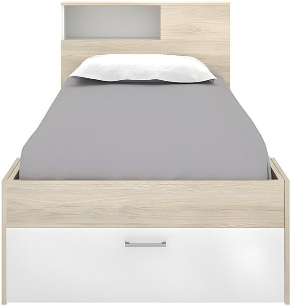 Vente-unique - Bett mit Kopfteil, Stauraum & Schublade - 90 x 190 cm - Weiß & Naturfarben - LEANDRE Bild 5