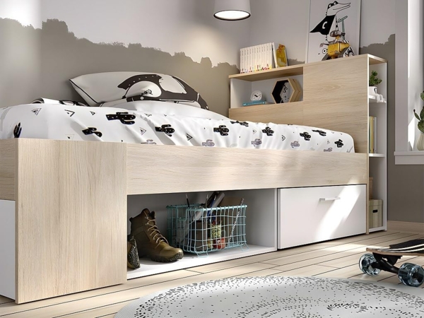 Vente-unique - Bett mit Kopfteil, Stauraum & Schublade - 90 x 190 cm - Weiß & Naturfarben - LEANDRE Bild 7