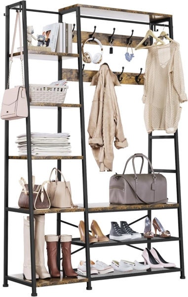 YITAHOME Garderobenständer, Großer Garderobe mit Bank, Industriegarderobe mit Schuhablage, Bodenstehende Kleiderstange mit 9 Haken und 5 Ablagen, Kleiderständer für Flur, Wohnzimmer, Vintagebraun