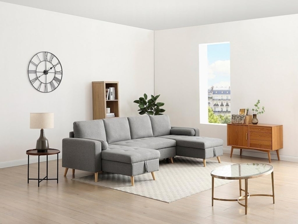 Vente-unique - Panorama-Ecksofa mit Schlaffunktion – Stoff – Hellgrau – KORI Bild 6