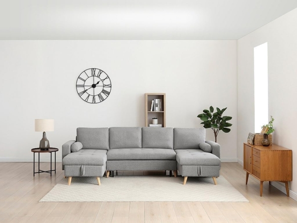 Vente-unique - Panorama-Ecksofa mit Schlaffunktion – Stoff – Hellgrau – KORI Bild 9