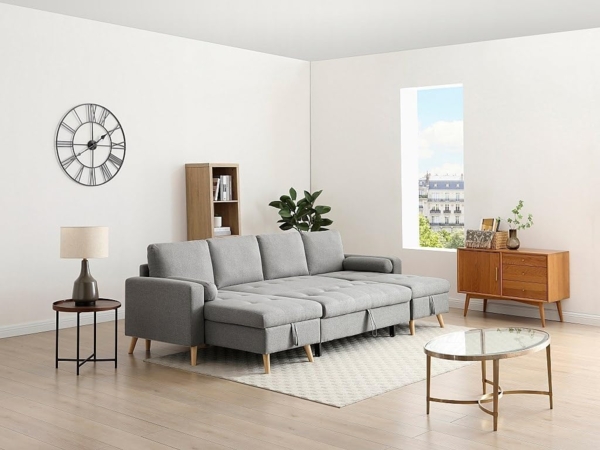 Vente-unique - Panorama-Ecksofa mit Schlaffunktion – Stoff – Hellgrau – KORI Bild 2