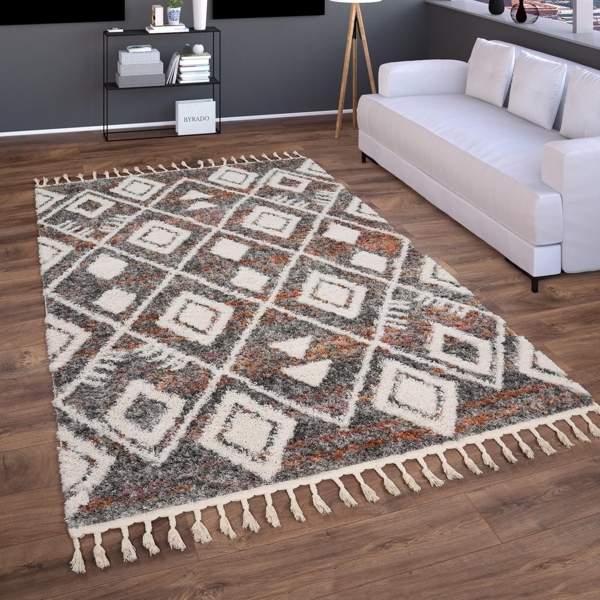 Paco Home Hochflor-Teppich Monza 654, rechteckig, Höhe: 34 mm, meliert, Rauten Muster, 3D-Effekt, mit Fransen