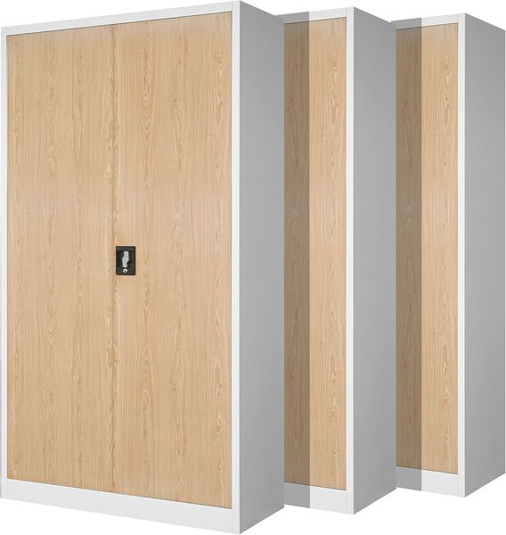 3er Set Aktenschrank C001H Büroschrank Metallschrank Stahlschrank Werkzeugschrank Stahlblech Pulverbeschichtet Flügeltürschrank Abschließbar 195 x 90 x 40 cm (weiß/holzoptik)