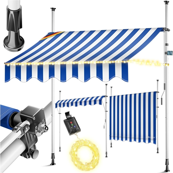 KESSER® Klemmmarkise mit Handkurbel & LED Lichterkette | Balkonmarkise ohne Bohren | Markise UV-beständig höhenverstellbar & wasserabweisend | Sonnenschutz für Balkon Terrasse & Garten 400cm, Blau / Weiß