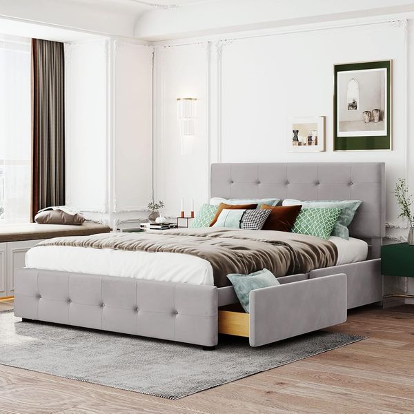 Bett Samtstoff, Einzelbett/Doppelbett, Polsterbett mit Schubladen, Rückenlehne und Lattenrost, Höhenverstellbares Kopfteil,Jugendbett Gästebett (ohne Matratze) (Grau, 140x200 cm)