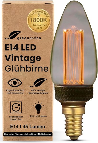 greenandco LED Vintage Glühbirne zur Stimmungsbeleuchtung | E14 C35 | smoke | 2W 45lm | 1800K extra warmweiß | 320° | 230V | flimmerfrei | nicht dimmbar | Edison Glühbirne