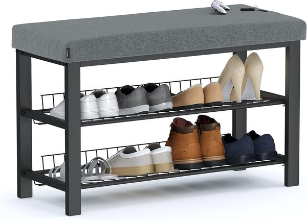 stardis stabiles Schuhregal mit Sitzbank platzsparende Schuhbank mit 2 Gitterablagen 81 x 50 x 32 cm, formschöner Schuhschrank für Flur, Wohn- und Schlafzimmer mit Schutz gegen Bodenkratzer (anthrazit)