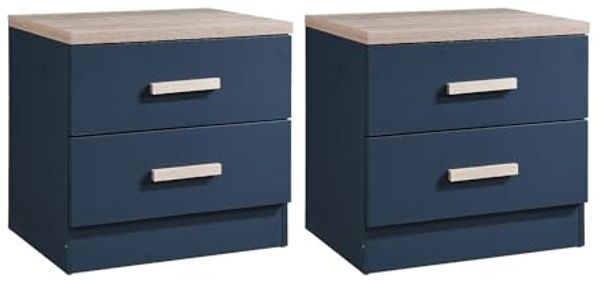 Vente-unique - 2er-Set Nachttische mit 2 Schubladen - Blau & Holzfarben - SKAIDO