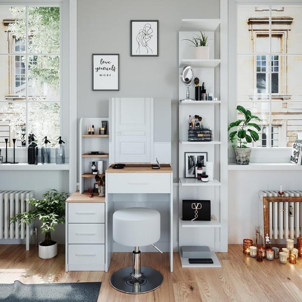 Schminktisch Conrada Weiß/Sonoma 36 cm mit Hocker Vicco