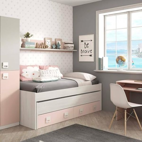 Dmora - Kinderbett Fairfield, Bettgestell für Schlafzimmer, Einzelbett mit ausziehbarem Bett, 199 x 96 x 65 cm, Weiß und Rosa