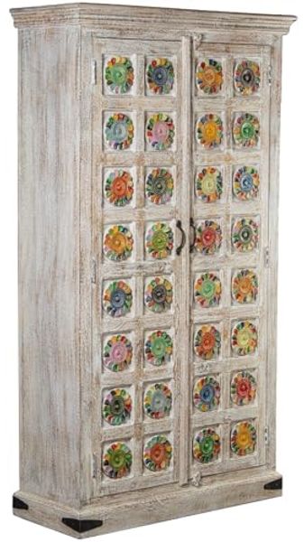DRW Schrank mit Zwei Türen, dekoriert, Ethnischer Stil, aus Holz, Weiß, gebeizt, 100 x 40 x 180 cm