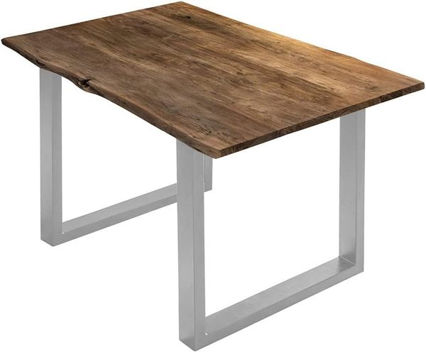 SAM Esszimmertisch 100x70 cm Billy, echte Baumkante, Esstisch aus Akazienholz massiv + nussbaumfarben, Baumkantentisch mit U-Gestell Silber