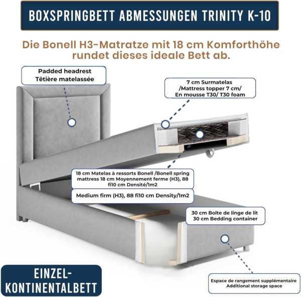 Best for Home Boxspringbett Trinity K-10 single bed with mattress & bed drawer in 4 sizes, elegant Bild 4