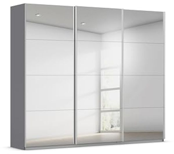 Rauch Möbel Kulmbach, Kleiderschrank mit Schwebetüren für Schlafzimmer, Kinderzimmer, Flur, 3-türig, mit Spiegel und Soft-Close-Funktion, Zubehör Premium, Farbe Grau metallic, Schwarz, Breite 271 cm