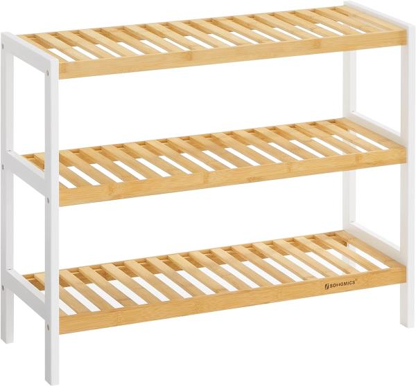 Songmics Schuhregal aus Bambus, Schuhablage mit 3 Ebenen, Schuh-Organizer, Regal für Schuhe, Pflanzen, Bücher, Wohnzimmer, Flur, Schlafzimmer, Badezimmer, 26 x 70 x 55 cm, weiß-naturfarben LBS03H