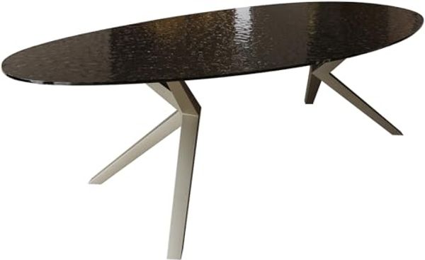 Esstisch Edge Oval 280x130 Reliefglas Rauchschwarz 3D-Design Zenthara kantig Metall Effektfinish Titan
