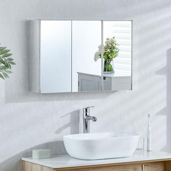 Home Discount Bath Vida Tiano Badezimmerschrank, dreifach verspiegelt, Wandmontage, Edelstahl, moderner Schrank, Glas, Silber, H 45 x W 68 x D 13 cm Approx
