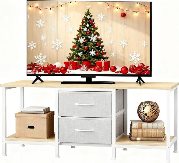 YITAHOME TV Schrank für bis zu 47 Zoll Fernseher, Fernsehtisch Mediaschrank mit 2 Stoffschubladen & 2 Ablagefächern, 110 x 30 x 50 cm Stahlgestell TV Lowboard für Wohnzimmer & Schlafzimmer