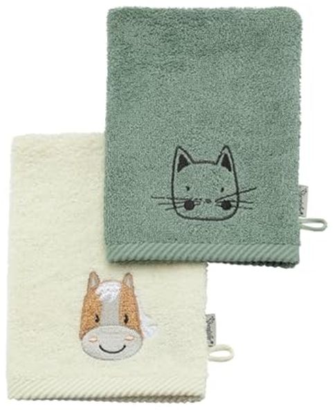 Sterntaler Waschlappen 2er Pack Bauernhof - Frottee Babywaschhandschuh aus saugfähiger, weicher Baumwolle, sorgt für Spaß beim Baden und Duschen - Baby und Kinder Waschlappen, steingrün