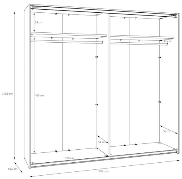 Forte SOPHISTISPACE Kleiderschrank 220, moderner Schwebetürenschrank, 2-türig, Einlegeböden, Kleiderstange, Holzwerkstoff, Weiß/Weiß Glanz, 220,1 cm breit x 210,5 cm hoch x 62,9 cm tief Bild 7