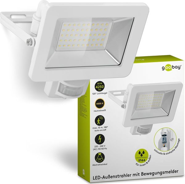 goobay 53884 LED Strahler Bewegungsmelder Außen 50W / PIR Sensor Außenstrahler IP44 / Neutralweißes Licht 4250 lm/LED Scheinwerfer Fluter Wandmontage/Gartenstrahler/Weiß