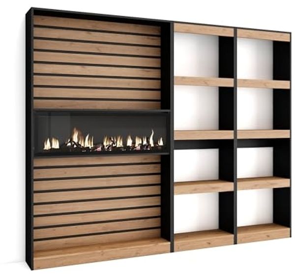 Skraut Home | Bücherregal Bibliothek | Bookshelf, Bookcase | 230 x 186 x 25 cm | Wohnzimmer, Esszimmer, Büro | Elektrokamin | Moderner Stil | Eiche Schwarz