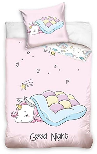 MTOnlinehandel Kinderbettwäsche Einhorn 135x200 + 80x80 cm, 100 % Baumwolle, Renforcé, 2 teilig, hautfreundlich mit Reißverschluss, Mädchen-Bettwäsche, Teenager
