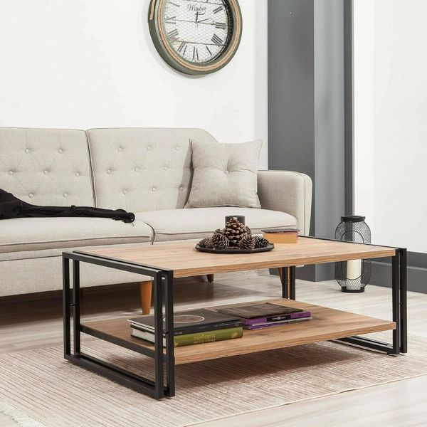 Dmora - Wohnzimmertisch Sirius, Niedriger Wohnzimmertisch, Kaffeeregal, Couchtisch für Sofa, 110x70h40 cm, Eiche und Schwarz