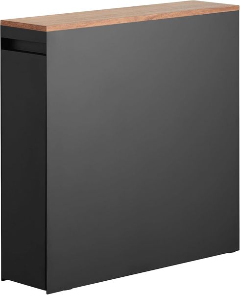 Yamazaki 1427 Tower Auszieh-Regal mit Holzablage, schwarz, Stahl/Holz/Polypropylen/Silikon, minimalistisch, 56 x 14 x 55 cm