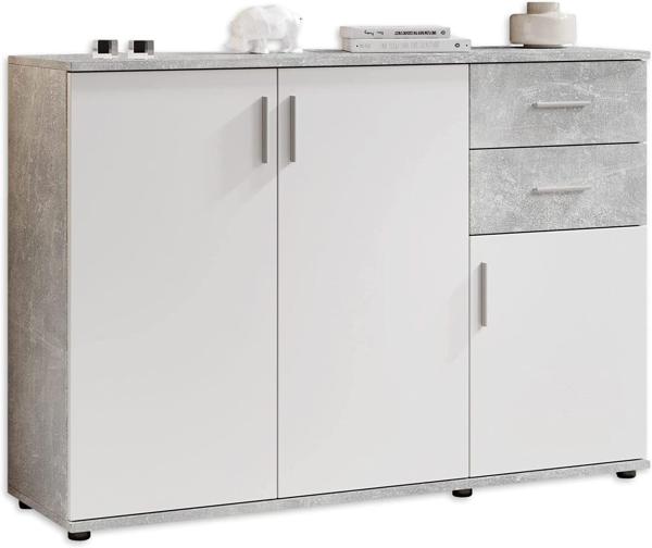 Stella Trading BOBBY Kommode in Beton-Optik, Weiß - Modernes Sideboard mit viel Stauraum für Ihren Wohnbereich - 120 x 82 x 35 cm (B/H/T)