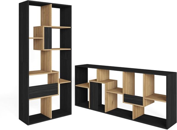 Skraut Home | Bücherregal Bibliothek | Bookshelf, Bookcase | 162 x 67 x 31 cm | Aufbewahrungsregal | Moderner Stil | Schwarz und Eiche