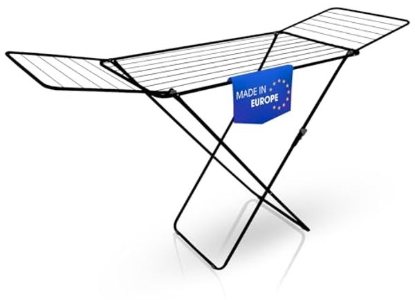 BigDean Wäscheständer Schwarz zusammenklappbar 18m Trockenlänge – Wäschetrockner Ständer mit X-Beinen für stabilen Stand – Wäscheständer Ultra leicht & Made in Europe