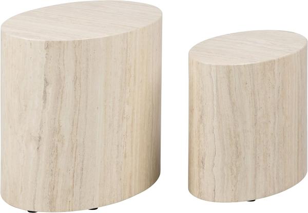 AC Design Furniture Rico Couchtisch in Beige Travertine Optik 2er Set, Platzsparende Ovale Beistelltische fürs Wohnzimmer, Moderne Satztische, B: 48 x H: 40 x T: 33 cm und B: 40 x H: 33x T: 24,5 cm