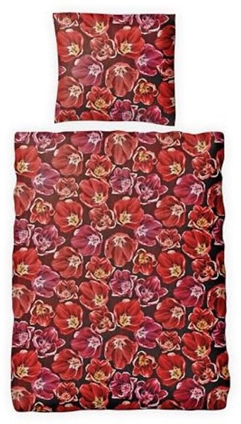 JACK Bettwäsche 135x200cm Blume Rot Pink, Microfaser, 2 teilig, tolles dezent Blumendesign mit Reißverschluss